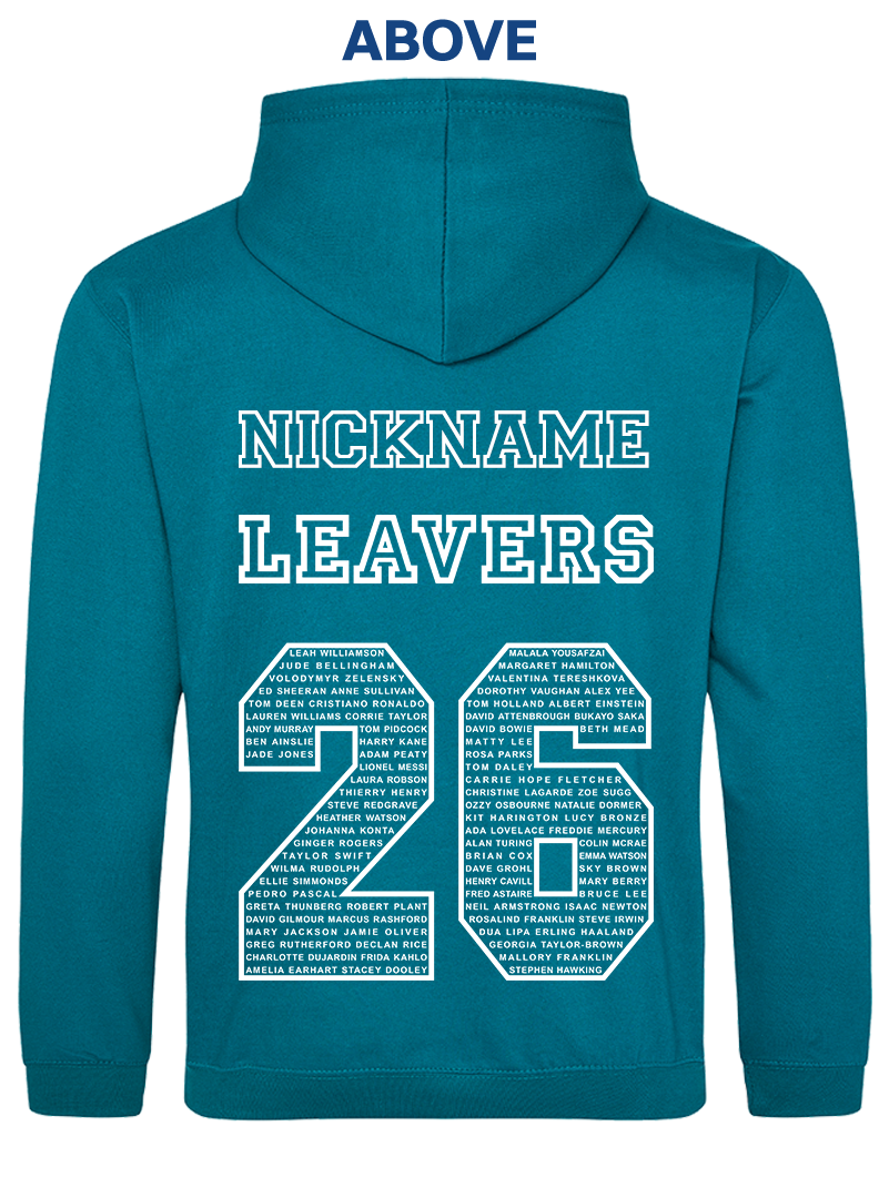 nickname above the main design on a leavers hoodie
