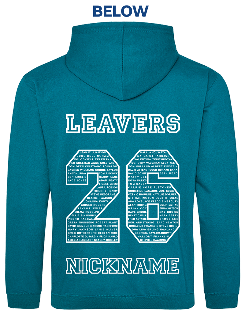 Nickname below the main design on a leavers hoodie